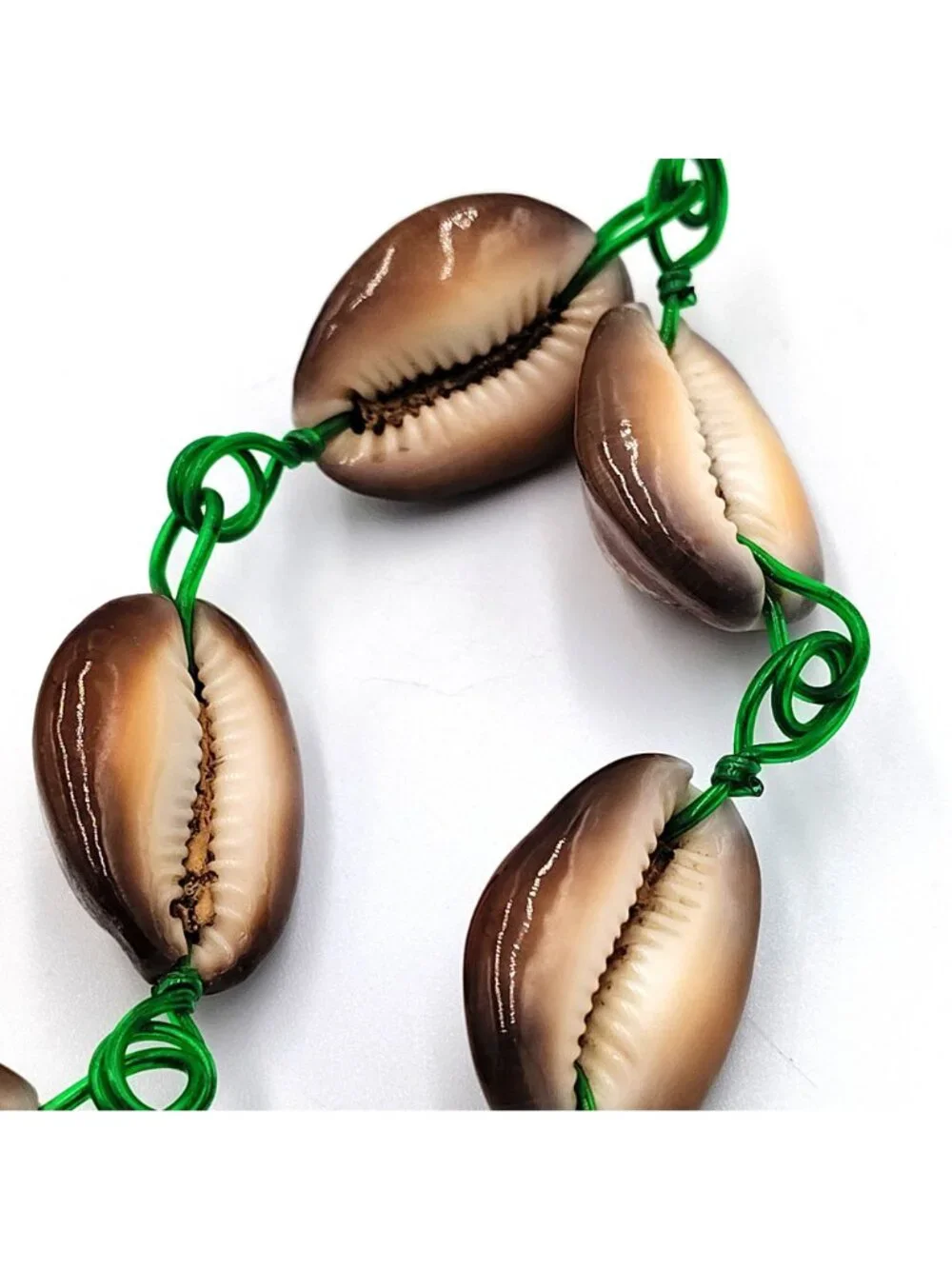 Vintage Handmade Cowrie Shell Bracelet Green Wire Boho Beach Coastal Jewelry